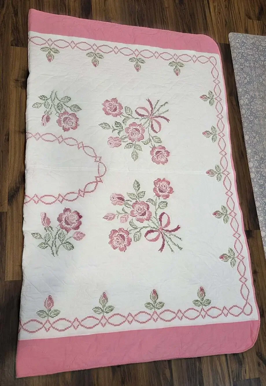 Vtg Hand Embroidered Rose Quilt Bedspread Twin 92x72 Pink Cross Stitch Floral